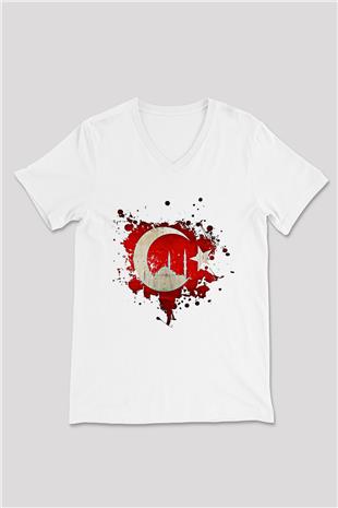 1453 Baskılı Beyaz Unisex V Yaka Tişört - Tshirt