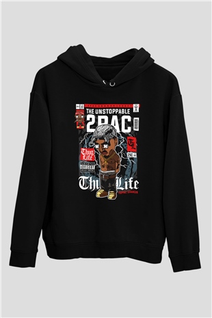 2 Pac Baskılı Unisex Siyah Hoodie