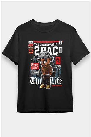 2 Pac Baskılı Unisex Siyah Tişört