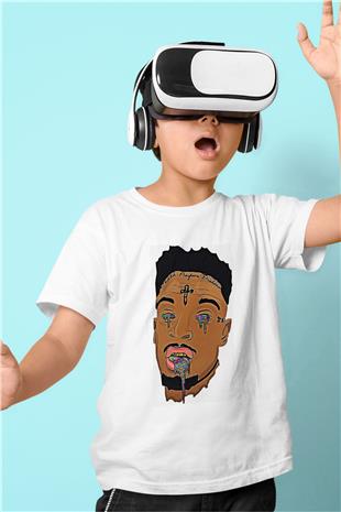21 Savage Baskılı Beyaz Unisex Beyaz Çocuk Tişört - Tshirt