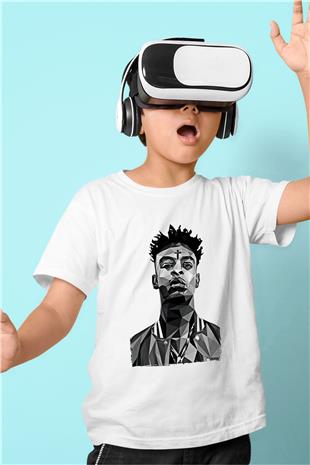 21 Savage Baskılı Beyaz Unisex Beyaz Çocuk Tişört - Tshirt
