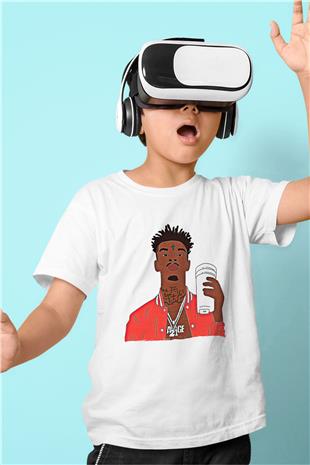 21 Savage Baskılı Beyaz Unisex Beyaz Çocuk Tişört - Tshirt