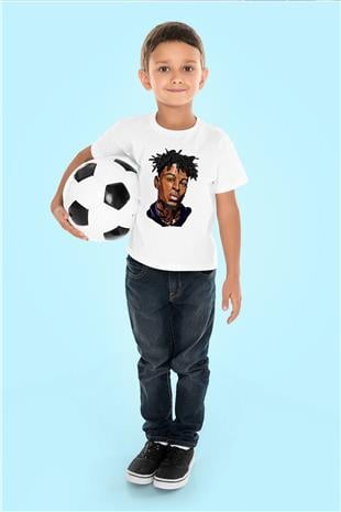 21 Savage Baskılı Beyaz Unisex Beyaz Çocuk Tişört - Tshirt