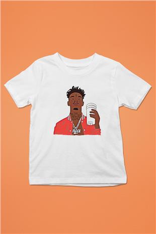 21 Savage Baskılı Beyaz Unisex Beyaz Çocuk Tişört - Tshirt