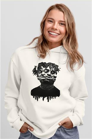 21 Savage Baskılı Beyaz Unisex Kapüşonlu Sweatshirt