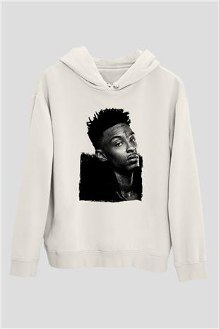 21 Savage Baskılı Beyaz Unisex Kapüşonlu Sweatshirt