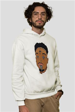 21 Savage Baskılı Beyaz Unisex Kapüşonlu Sweatshirt