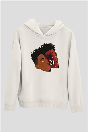 21 Savage Baskılı Beyaz Unisex Kapüşonlu Sweatshirt
