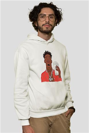 21 Savage Baskılı Beyaz Unisex Kapüşonlu Sweatshirt