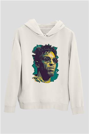 21 Savage Baskılı Beyaz Unisex Kapüşonlu Sweatshirt