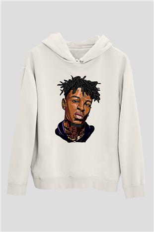 21 Savage Baskılı Beyaz Unisex Kapüşonlu Sweatshirt