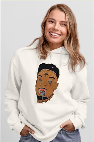 21 Savage Baskılı Beyaz Unisex Kapüşonlu Sweatshirt