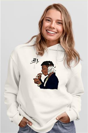 21 Savage Baskılı Beyaz Unisex Kapüşonlu Sweatshirt