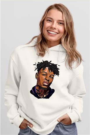 21 Savage Baskılı Beyaz Unisex Kapüşonlu Sweatshirt