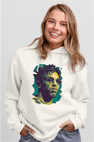 21 Savage Baskılı Beyaz Unisex Kapüşonlu Sweatshirt