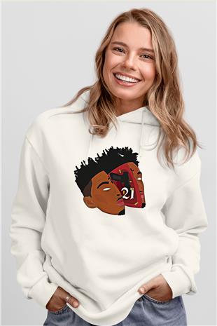 21 Savage Baskılı Beyaz Unisex Kapüşonlu Sweatshirt