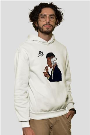 21 Savage Baskılı Beyaz Unisex Kapüşonlu Sweatshirt