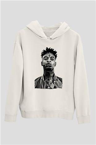 21 Savage Baskılı Beyaz Unisex Kapüşonlu Sweatshirt