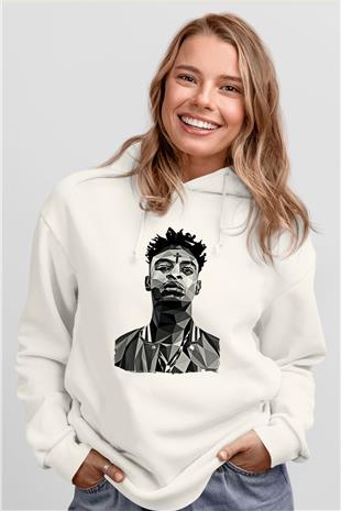 21 Savage Baskılı Beyaz Unisex Kapüşonlu Sweatshirt