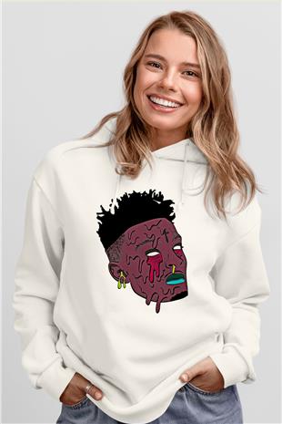 21 Savage Baskılı Beyaz Unisex Kapüşonlu Sweatshirt