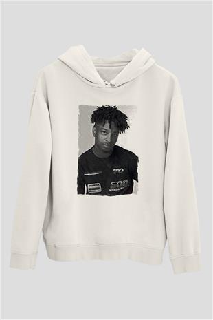 21 Savage Baskılı Beyaz Unisex Kapüşonlu Sweatshirt