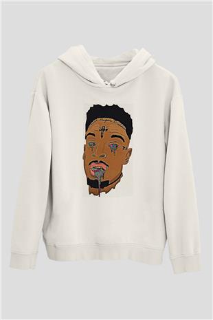 21 Savage Baskılı Beyaz Unisex Kapüşonlu Sweatshirt