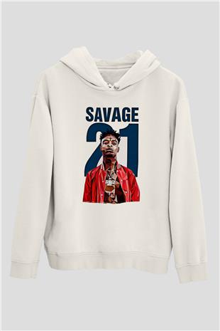 21 Savage Baskılı Beyaz Unisex Kapüşonlu Sweatshirt