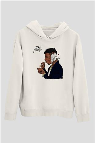 21 Savage Baskılı Beyaz Unisex Kapüşonlu Sweatshirt