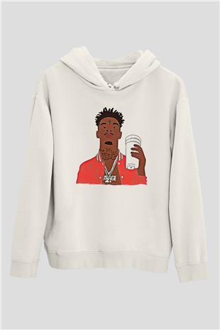 21 Savage Baskılı Beyaz Unisex Kapüşonlu Sweatshirt