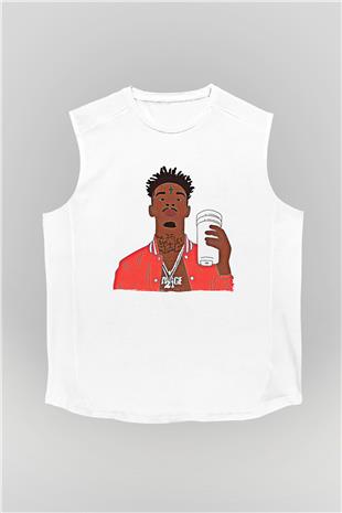 21 Savage Baskılı Beyaz Unisex Kolsuz Tişört - Tshirt