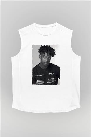 21 Savage Baskılı Beyaz Unisex Kolsuz Tişört - Tshirt