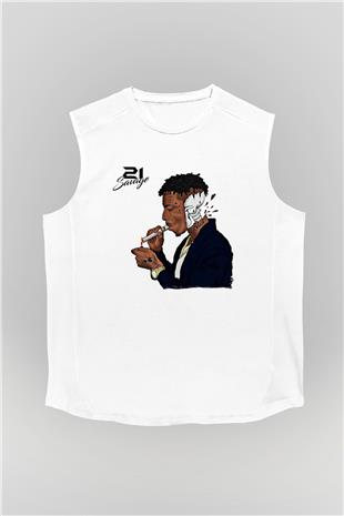 21 Savage Baskılı Beyaz Unisex Kolsuz Tişört - Tshirt