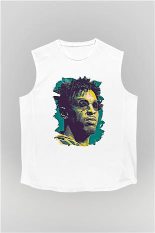 21 Savage Baskılı Beyaz Unisex Kolsuz Tişört - Tshirt
