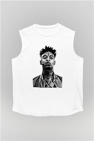 21 Savage Baskılı Beyaz Unisex Kolsuz Tişört - Tshirt