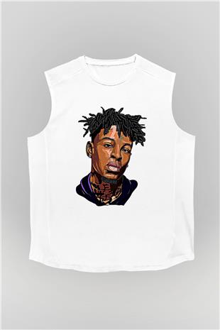 21 Savage Baskılı Beyaz Unisex Kolsuz Tişört - Tshirt