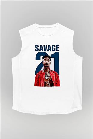 21 Savage Baskılı Beyaz Unisex Kolsuz Tişört - Tshirt