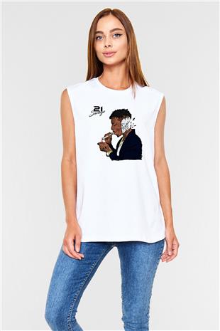 21 Savage Baskılı Beyaz Unisex Kolsuz Tişört - Tshirt