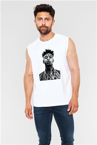 21 Savage Baskılı Beyaz Unisex Kolsuz Tişört - Tshirt