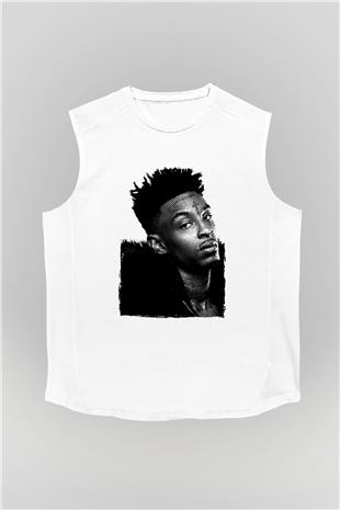 21 Savage Baskılı Beyaz Unisex Kolsuz Tişört - Tshirt