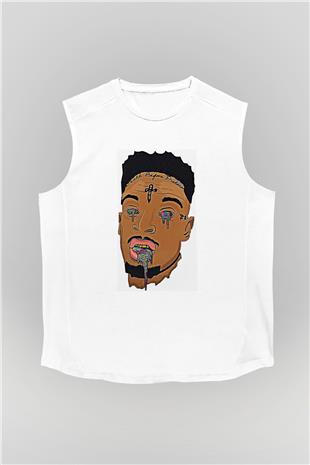 21 Savage Baskılı Beyaz Unisex Kolsuz Tişört - Tshirt