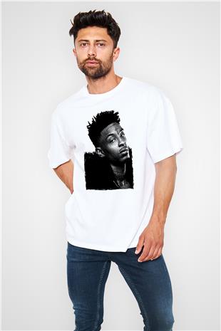 21 Savage Baskılı Beyaz Unisex Oversize Tişört - Tshirt