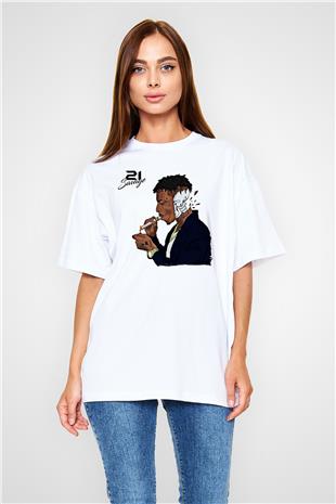 21 Savage Baskılı Beyaz Unisex Oversize Tişört - Tshirt