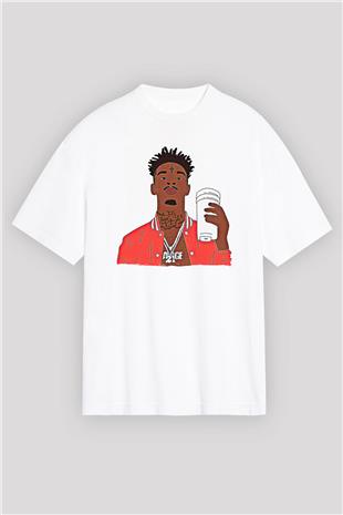 21 Savage Baskılı Beyaz Unisex Oversize Tişört - Tshirt