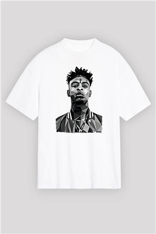 21 Savage Baskılı Beyaz Unisex Oversize Tişört - Tshirt