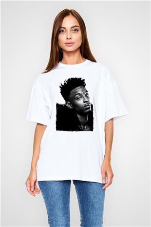 21 Savage Baskılı Beyaz Unisex Oversize Tişört - Tshirt