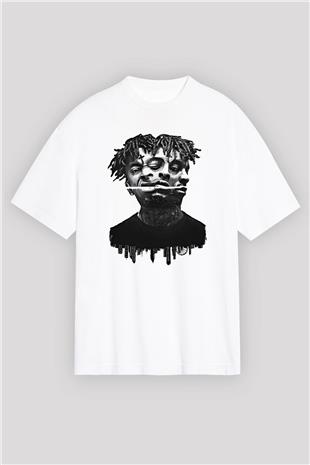 21 Savage Baskılı Beyaz Unisex Oversize Tişört - Tshirt