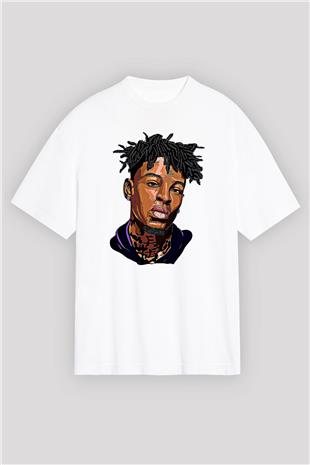 21 Savage Baskılı Beyaz Unisex Oversize Tişört - Tshirt