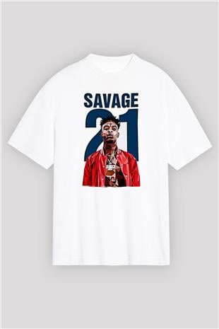 21 Savage Baskılı Beyaz Unisex Oversize Tişört - Tshirt
