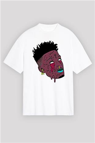 21 Savage Baskılı Beyaz Unisex Oversize Tişört - Tshirt