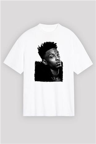 21 Savage Baskılı Beyaz Unisex Oversize Tişört - Tshirt